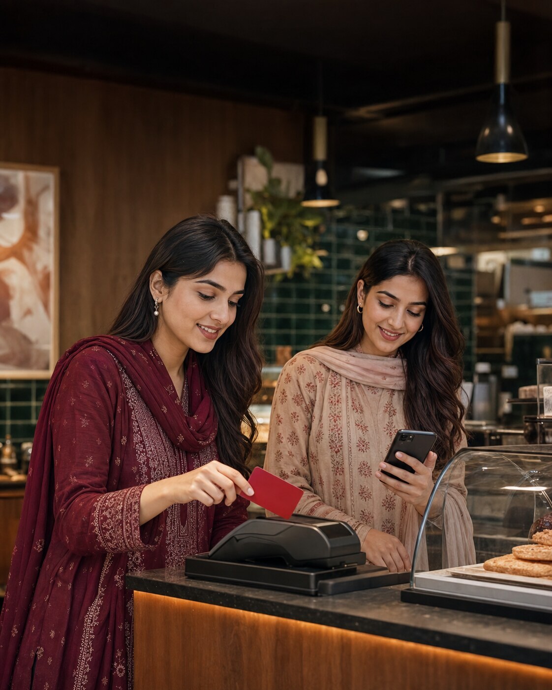 Pakistani women checking a contactless card payment at a Lahore cafe