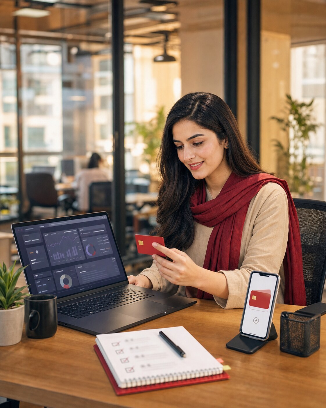 Pakistani freelancer reviewing card balance and payment records
