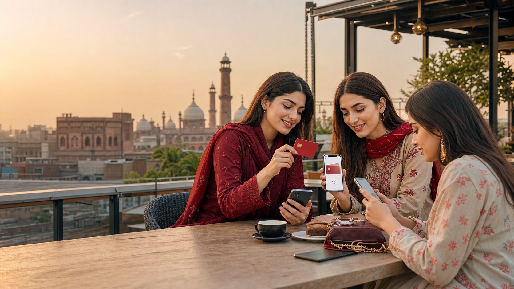 Pakistani women in Lahore reviewing RedotPay card setup on a phone