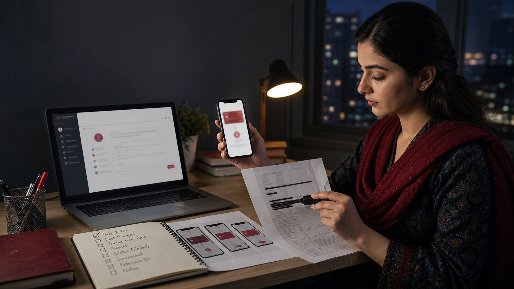 Pakistani user preparing safe support evidence for a failed card payment
