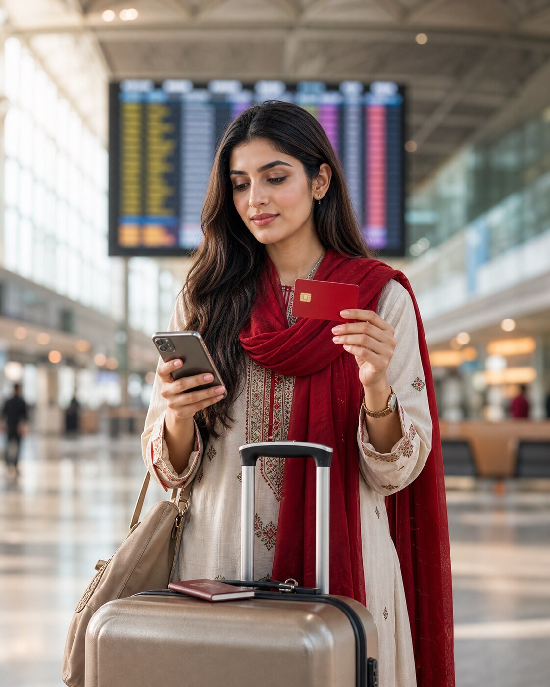 Pakistani traveler checking RedotPay card travel backup before a flight